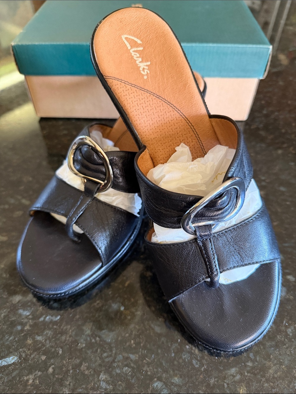 Clarks Black Leather Slide Mules with Silver Buckle JS-141